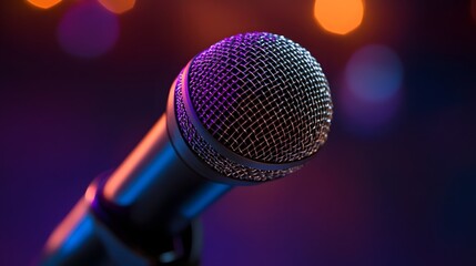Obraz premium Close-up of a microphone against a vibrant purple and blue background.