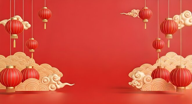 Vibrant red Lunar New Year background with traditional Chinese lanterns and golden auspicious clouds. Festive cultural celebration design with copy...