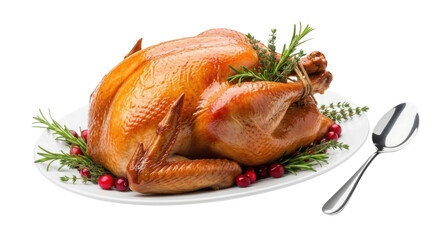 Roasted turkey garnished with herbs and cranberries on a platter isolated PNG with Transparent Background