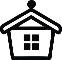 Simple black and white icon of a house with a window and decorative roof peak element
