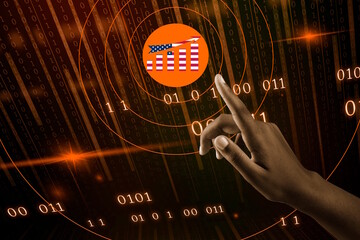 Touche du doigt les objectifs de croissance sur le march&eacute; am&eacute;ricain pour repr&eacute;senter les affaires, des achats sur internet, le web avec un fond de donn&eacute;es binaires