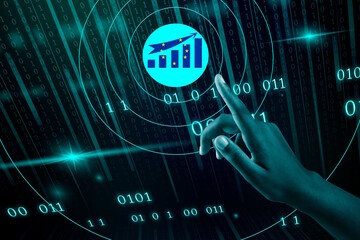 Touche du doigt les objectifs de croissance sur le march&eacute; europ&eacute;en pour repr&eacute;senter les affaires, des achats sur internet, le web avec un fond de donn&eacute;es binaires