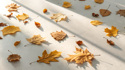 Minimal autumn background, scattered golden orange leaves on a smooth light surface, soft sunlight, gentle shadows, clean composition, large copy space, perfect for product mockups or seasonal ads.
