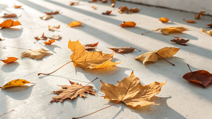 Minimal autumn background, scattered golden orange leaves on a smooth light surface, soft sunlight, gentle shadows, clean composition, large copy space, perfect for product mockups or seasonal ads.