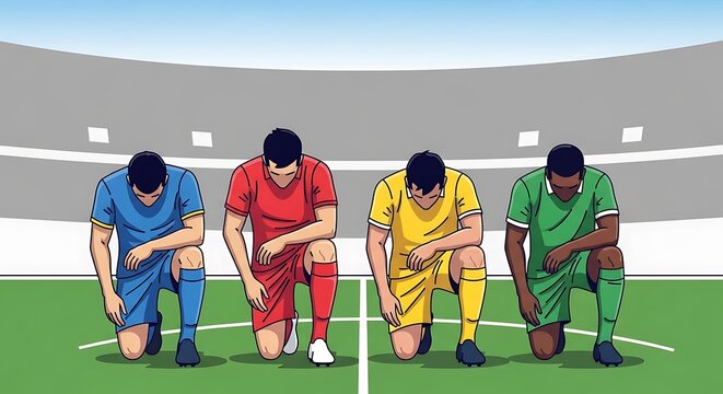 Soccer players kneel.