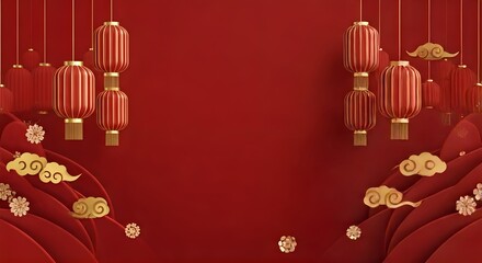 Lunar New Year Festive Red Background with Hanging Lanterns and Golden Auspicious Clouds