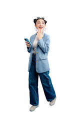 Full body Asian Woman looking up while holding a mobile phone on PNG