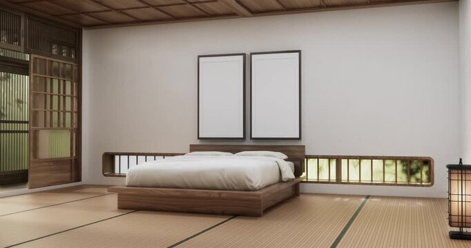 interior mock up with zen bed plant and decoartion in japanese bedroom. 3D rendering