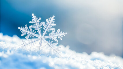 Macro close-up of a single snowflake on a soft blurred background, minimal composition, copy space, perfect for winter greeting cards and science or nature themes.