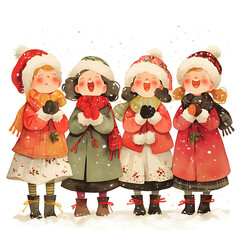 Four vintage style christmas carolers dressed in winter clothing and hats singing carols together in the snow