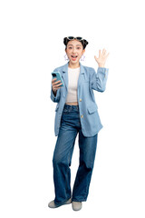 Full body Asian Woman waving joyfully, holding a smartphone. The woman is smiling and looks happy on PNG