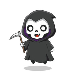 Adorable grim reaper with scythe and cloak, a spooky but funny Halloween cartoon character for festive decoration and artwork