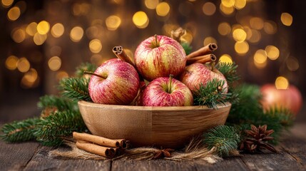 A wooden bowl filled with red apples and cinnamon sticks, surrounded by pine branches. Soft bokeh lights create a warm, festive atmosphere.