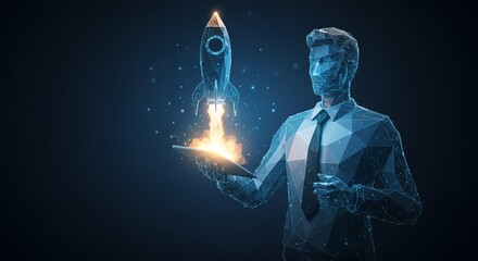 Startup rocket launching from businessman’s hand — innovation and growth concept — blue tech background — digital vector illustration