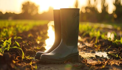 Rubber boots stand in a muddy field during a warm, golden sunset
