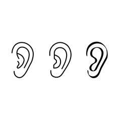 An illustration depicting a set of black icons of the human ear, the organ of hearing, on a white background.