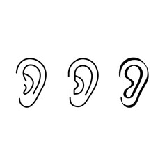 An illustration depicting a set of black icons of the human ear, the organ of hearing, on a white background.