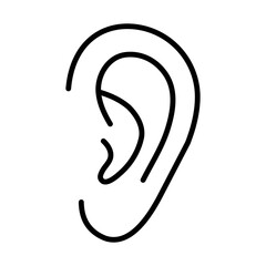 An illustration depicting a black icon of a human ear, the organ of hearing, on a white background