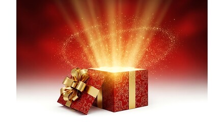 Open gift box with glowing magical light and sparkles