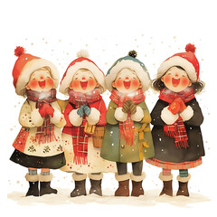 Four charming vintage christmas carolers dressed in festive winter clothing and hats singing carols together on a white background