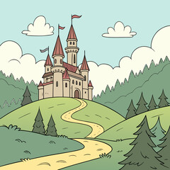 Naklejka premium Fairytale castle on a hill surrounded by forest, cartoon illustration