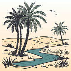 Desert landscape with palm trees and a river illustration