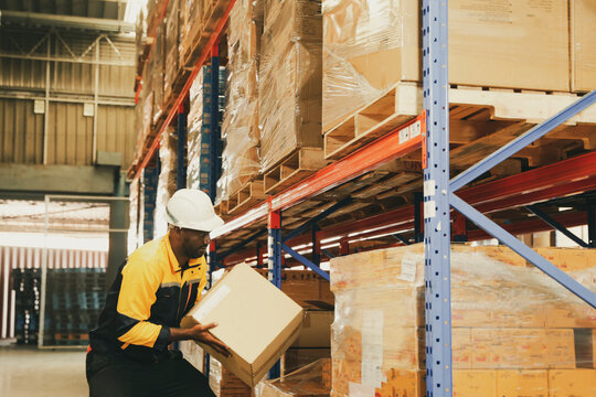 Male workers strength lift heavy boxes merchandise on their shoulders move them  distant shelves and risk injury or accidents from repeatedly lifting heavy items without weight lifting equipment.