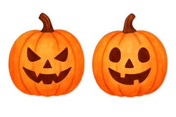 Two carved halloween pumpkins with spooky and happy faces on a black background