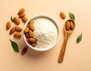 Almond flour in a bowl with whole almonds and leaves