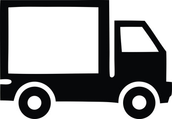Simple black and white icon of a delivery truck with a boxed cargo area for logistics and transportation concepts