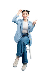 Full body Asian Woman sitting, winking and pointing her finger, showcasing her personality on PNG