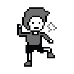 Cute cartoon pixel character cute man exercises training aerobic dance lifestyle music decoration life style 8 bit male boy dance background with music game 8bit fitness vector.