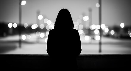 silhouette of a person standing at the top of the frame background: defocused with colorful bokeh lights effect color scheme: icy blue tones position: clear copy space at the bottom for text style: op