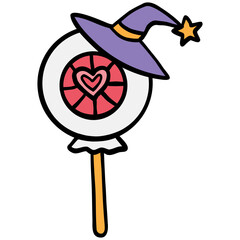 halloween Magical lollipop with a witch hat design in doodle color line style