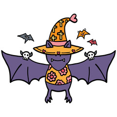 halloween Colorful bat wearing a whimsical witch hat in doodle color line style