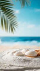A serene tropical beach scene featuring white sand, seashells, and palm fronds against a vibrant blue sky and ocean.