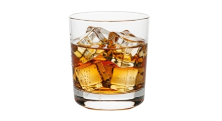 Glass filled with Whiskey and ice cubes isolated PNG with Transparent Background