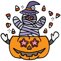 halloween Happy Halloween illustration with a cute mummy. in doodle color line style