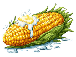 Cartoon corn on cob with dripping butter, fun clipart