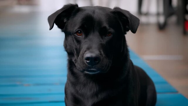 Elegant black canine sits with remarkable composure on vibrant blue wooden surface, creating striking visual contrast in controlled studio environment with soft illumination.