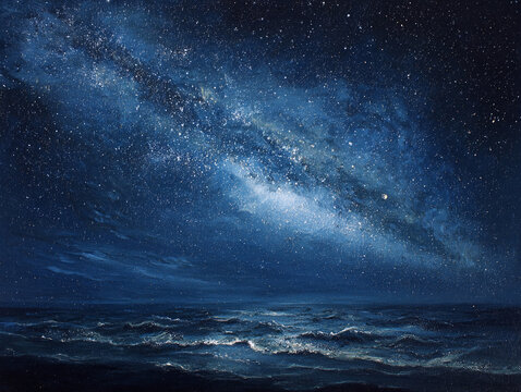 Milky Way Galaxy over Ocean Waves Night Sky AI Generated