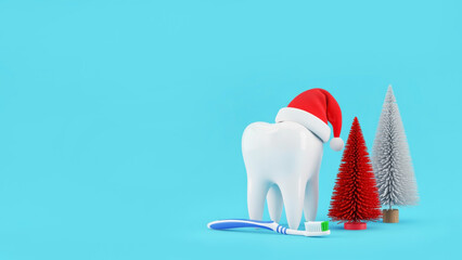 Holiday dental health concept with tooth in Santa hat, toothbrush, and Christmas trees, symbolizing festive dentistry, oral hygiene, and seasonal dental care.