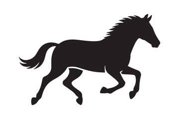 Silhouette of a powerful horse in motion against a white background