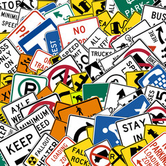 road signs used in the United States as a background for driving school or raising awareness of traffic law