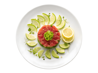 Tuna tartare is garnished with lemon slices on white plate isolated on transparent background