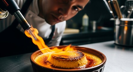 Chef using blowtorch to caramelize sugar on crème brûlée, golden flames and glossy surface, cinematic side light for gourmet dessert photography