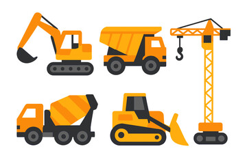 Essential construction site equipment set including excavator, dump truck, crane, cement mixer, and bulldozer