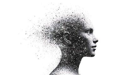 human head with glowing particle, subject on right, copy space on left, bright pop style, under stormy flash, black and white minimalist sketch