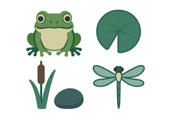 Fototapeta premium Collection of green frog, flying dragonfly, floating lily pad, cattail plant, and smooth stone pond elements
