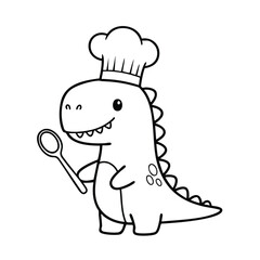 Fototapeta premium A cheerful dinosaur wearing a chef's hat holds a spoon, ready to cook in a playful kitchen setting.